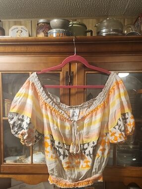 Embroidered Off-Shoulder Peasant Blouse in Yellow & Orange